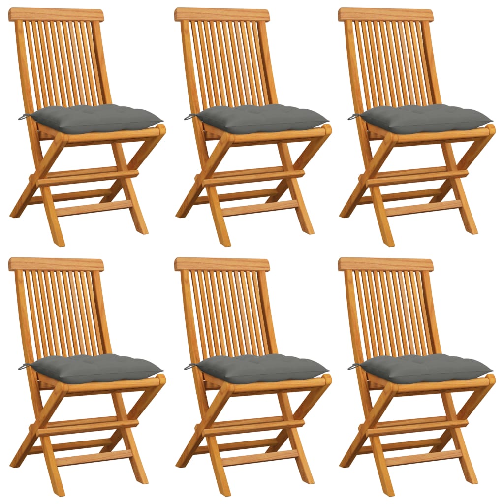 Garden Chairs with Grey Cushions 6 pcs Solid Teak Wood