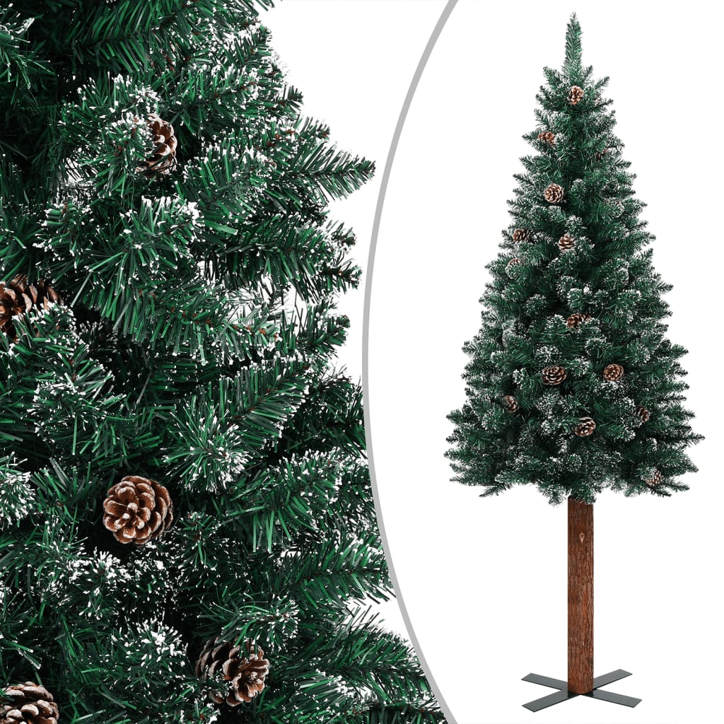 Slim Pre-lit Christmas Tree with Real Wood&White Snow Green 210 cm