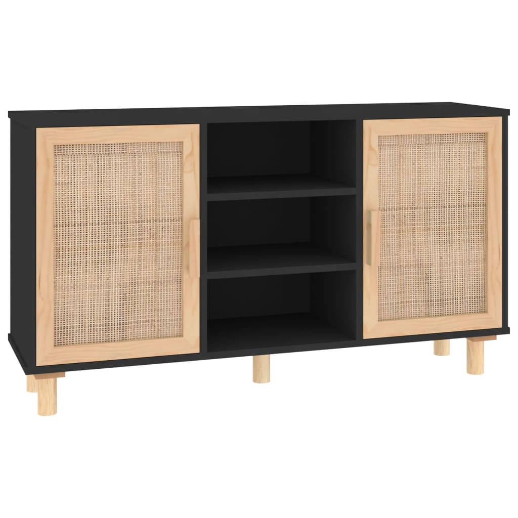 Sideboard Black 105x30x60 cm Solid Wood Pine and Natural Rattan