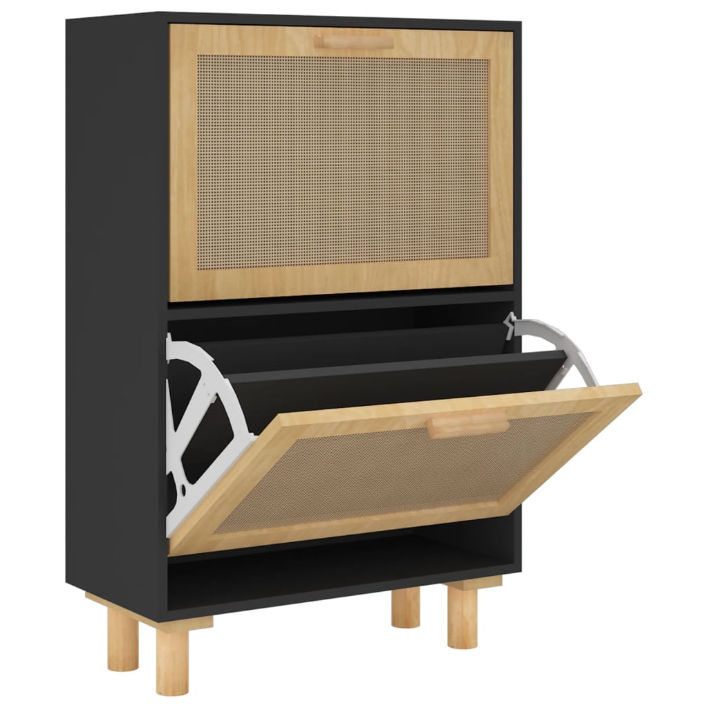 Shoe Cabinet Black 52x25x80 cm Engineered Wood and Natural Rattan