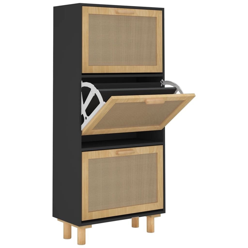 Shoe Cabinet Black 52x25x115 cm Engineered Wood and Natural Rattan