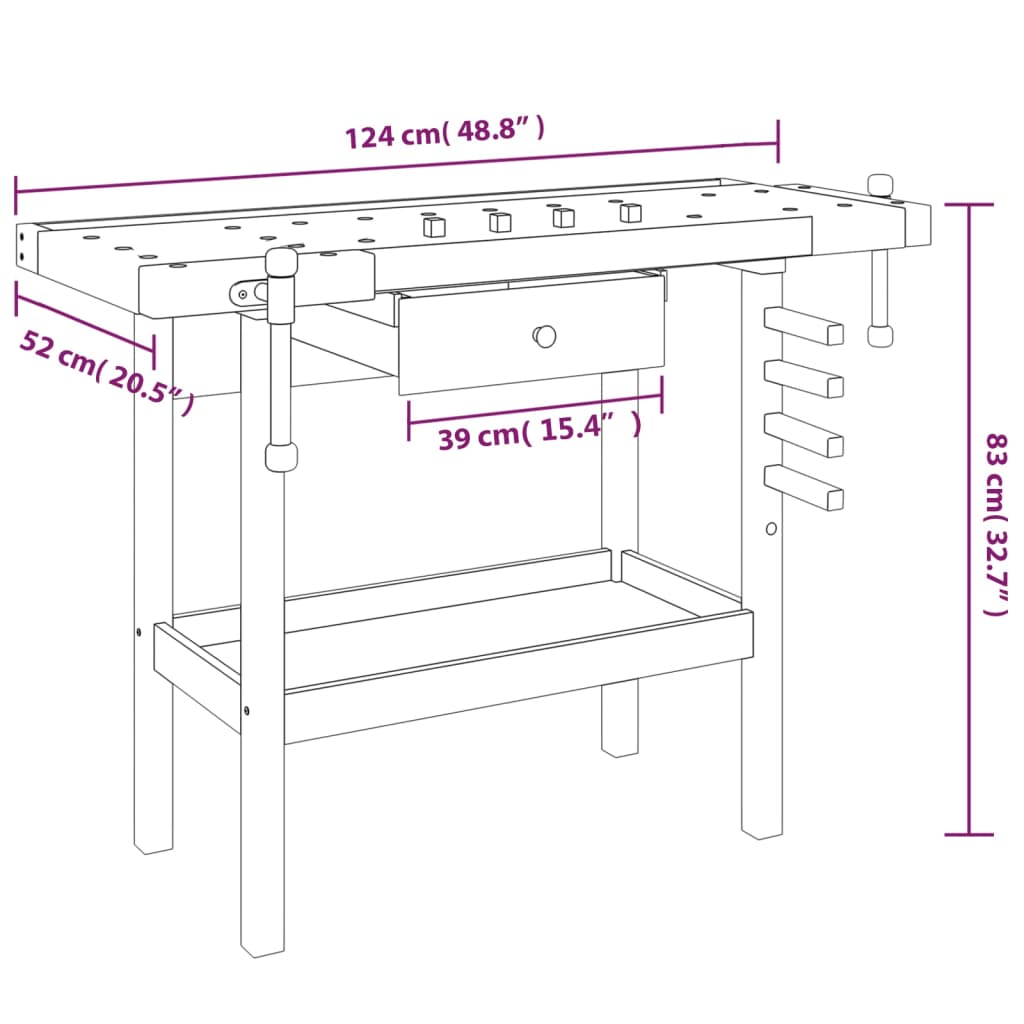 Workbench with Drawer and Vices 124x52x83 cm Solid Wood Acacia