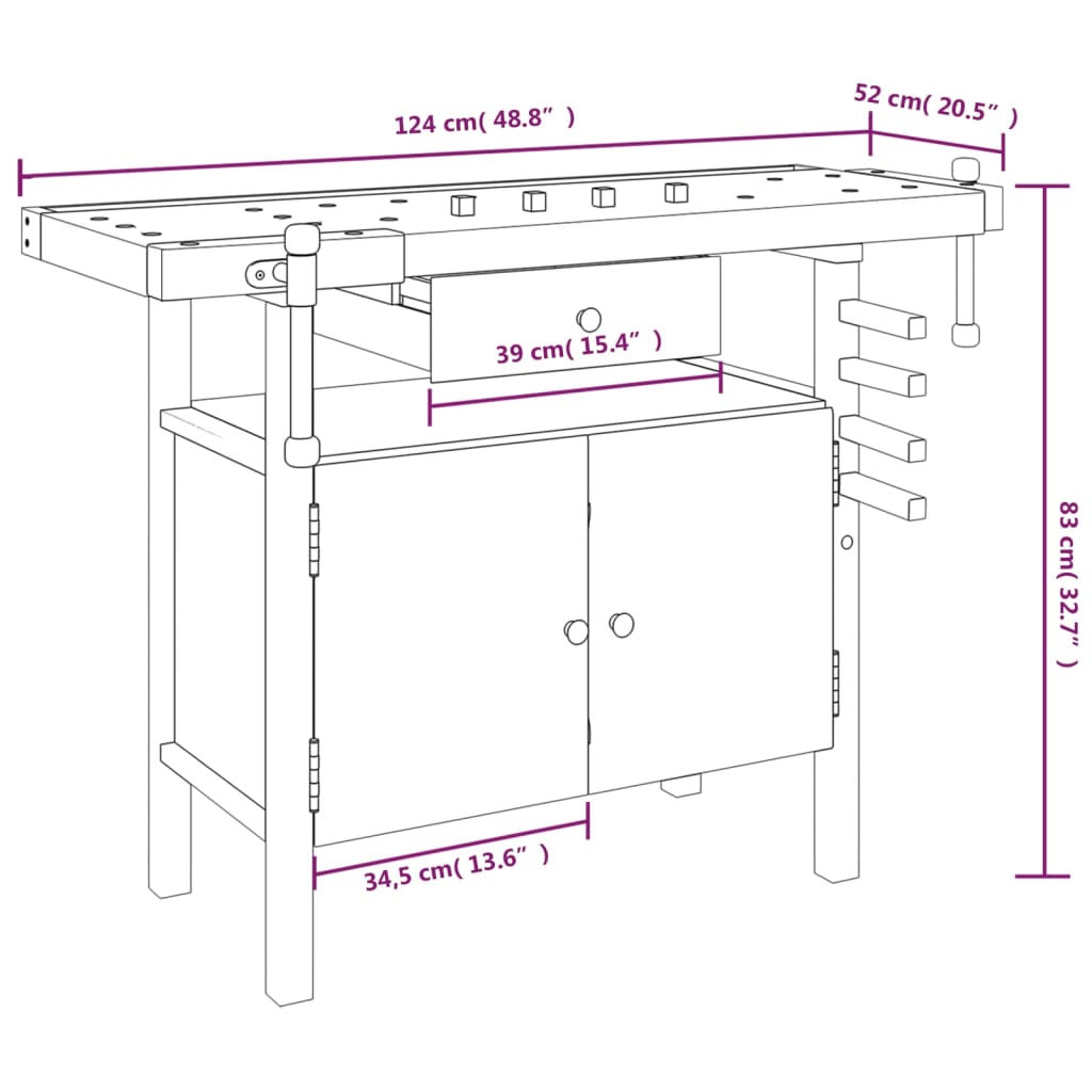 Workbench with Drawer and Vices 124x52x83 cm Solid Wood Acacia