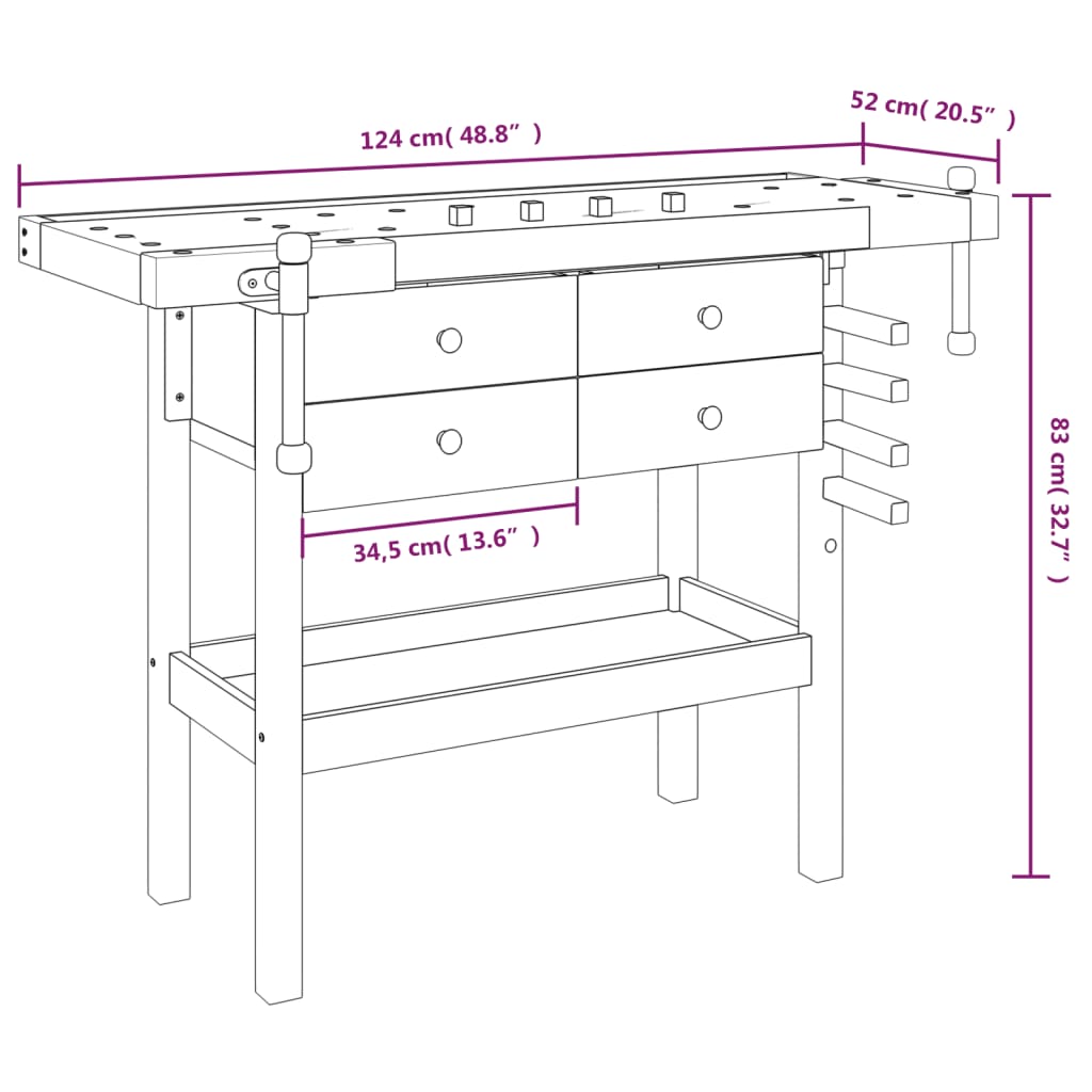 Workbench with Drawers and Vices 124x52x83 cm Solid Wood Acacia