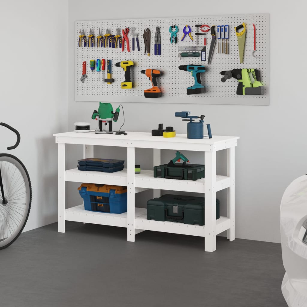 Work Bench White 142.5x50x80 cm Solid Wood Pine