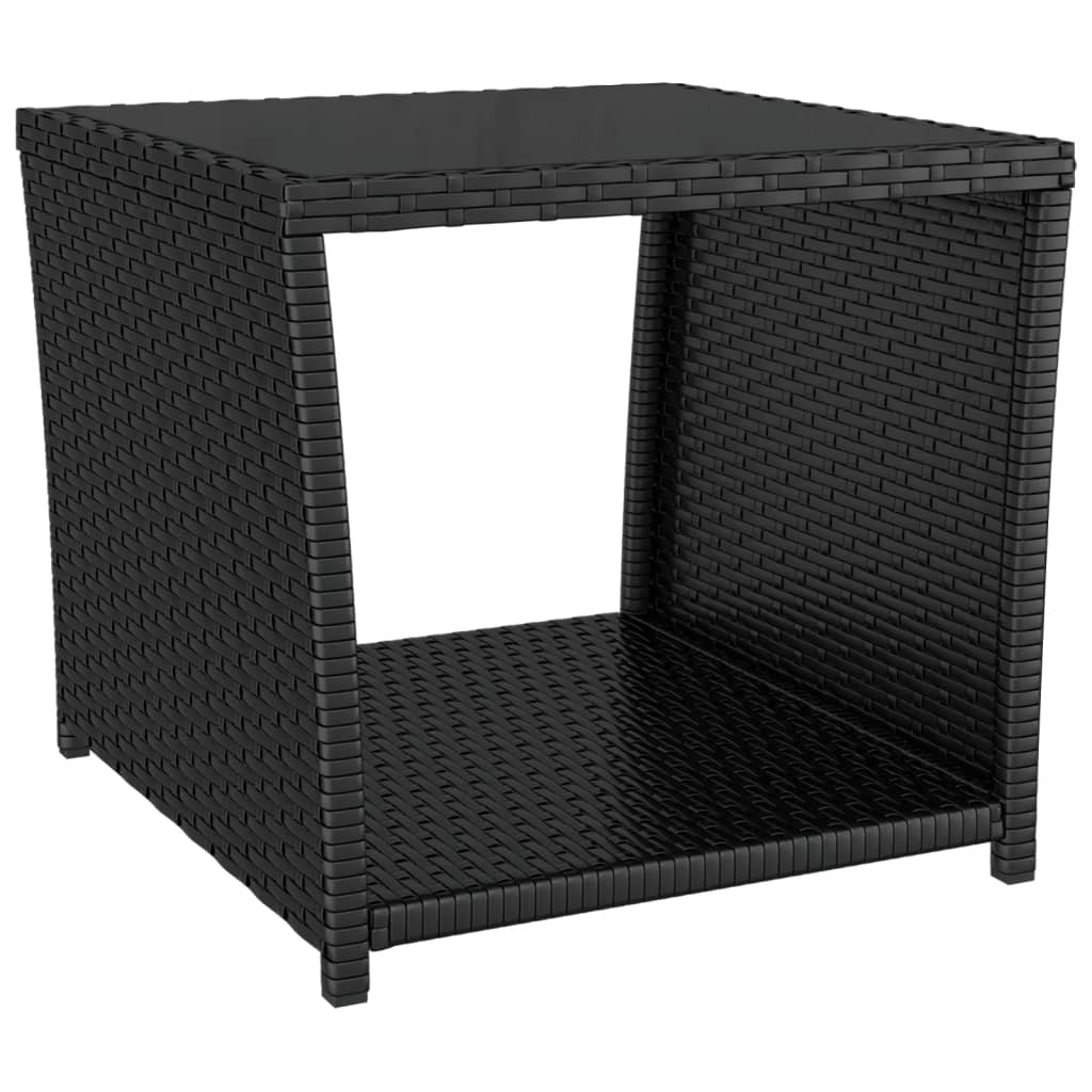 Tea Table with Glass Top Black Poly Rattan&Tempered Glass