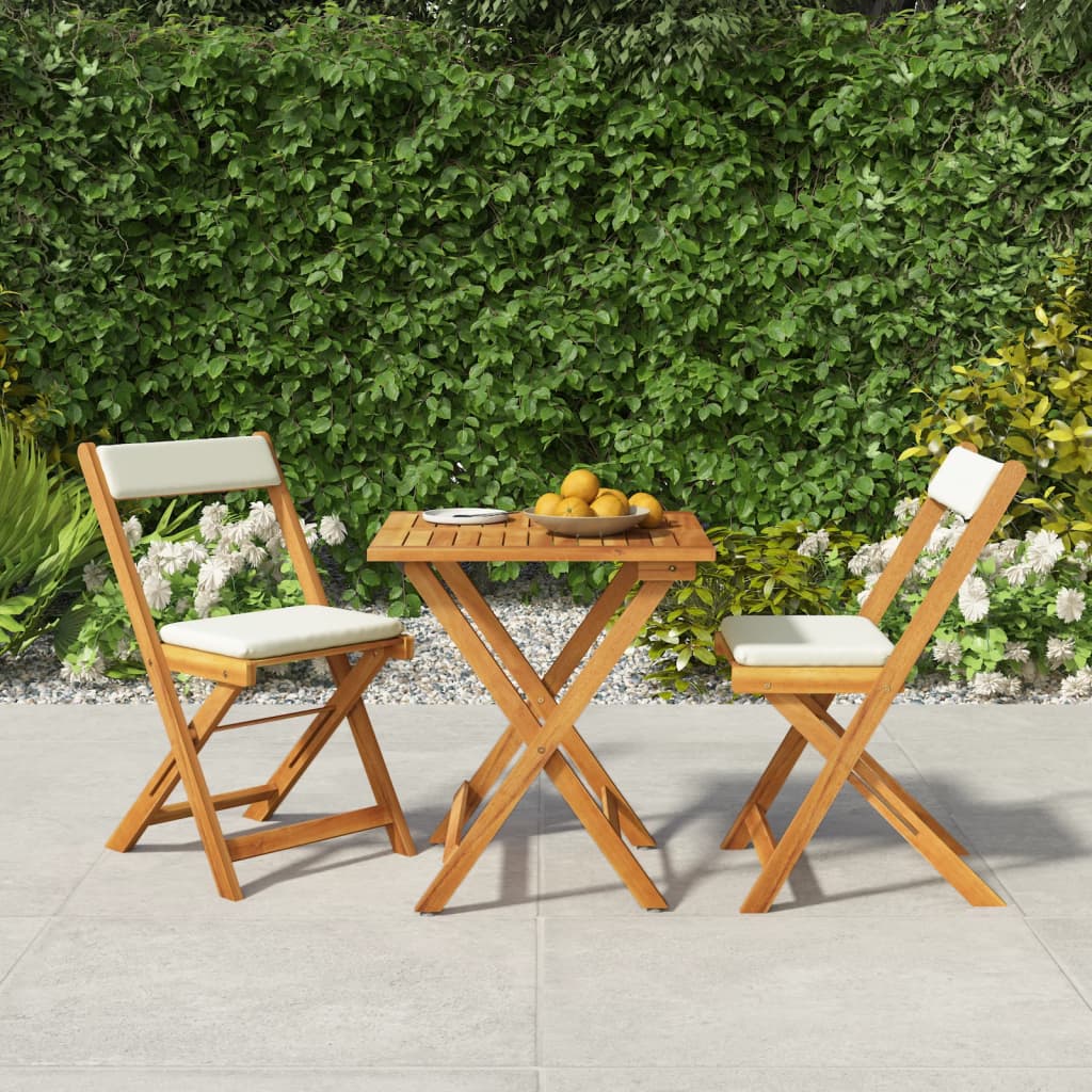 3 Piece Folding Bistro Set with Cushions Solid Wood Acacia