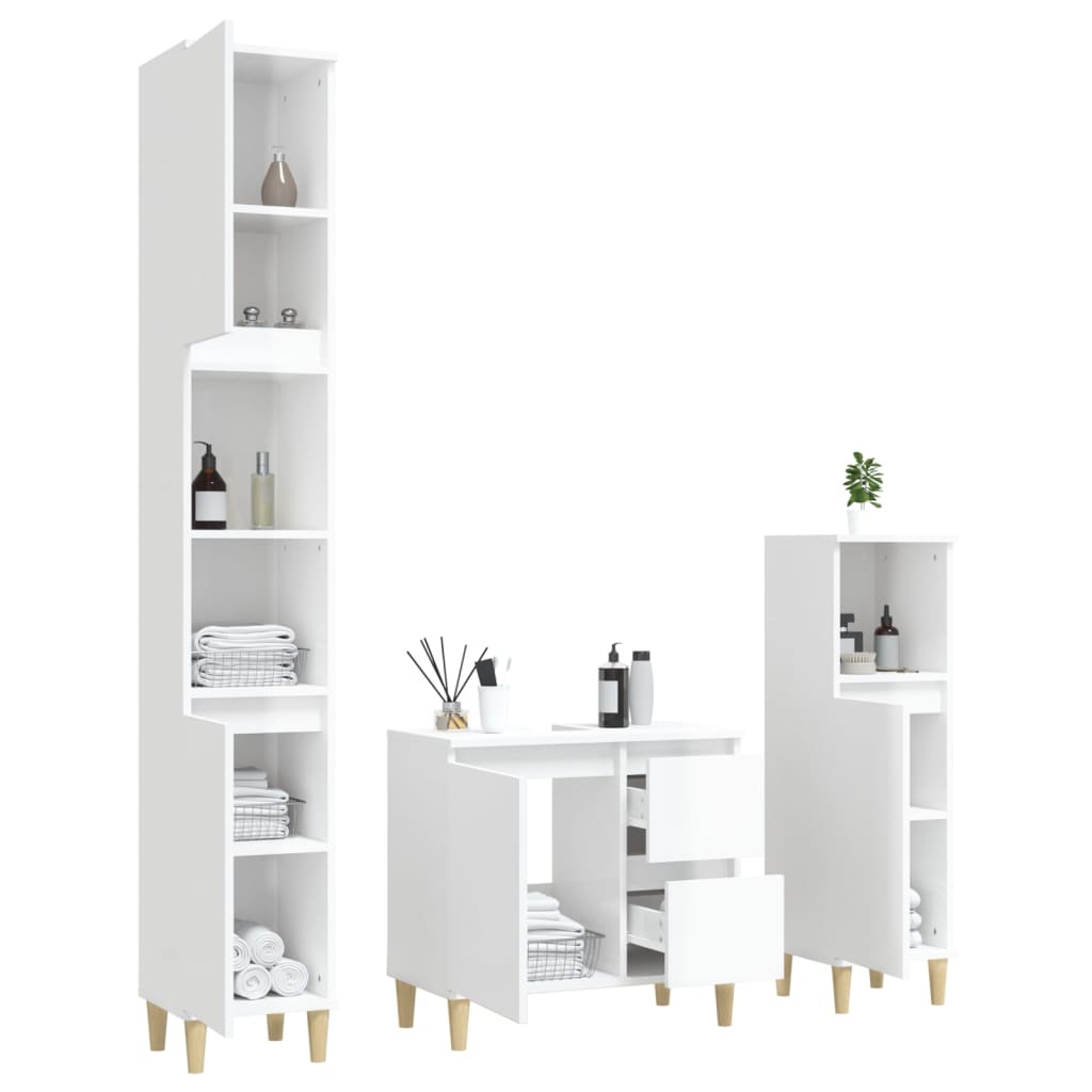 3 Piece Bathroom Cabinet Set High Gloss White Engineered Wood
