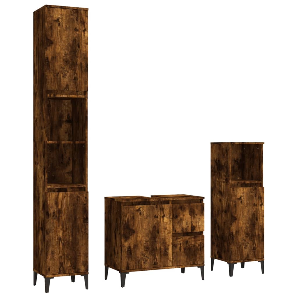 3 Piece Bathroom Cabinet Set Smoked Oak Engineered Wood