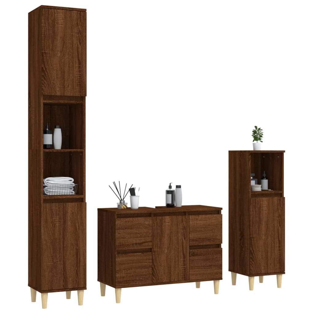 3 Piece Bathroom Furniture Set Brown Oak Engineered Wood