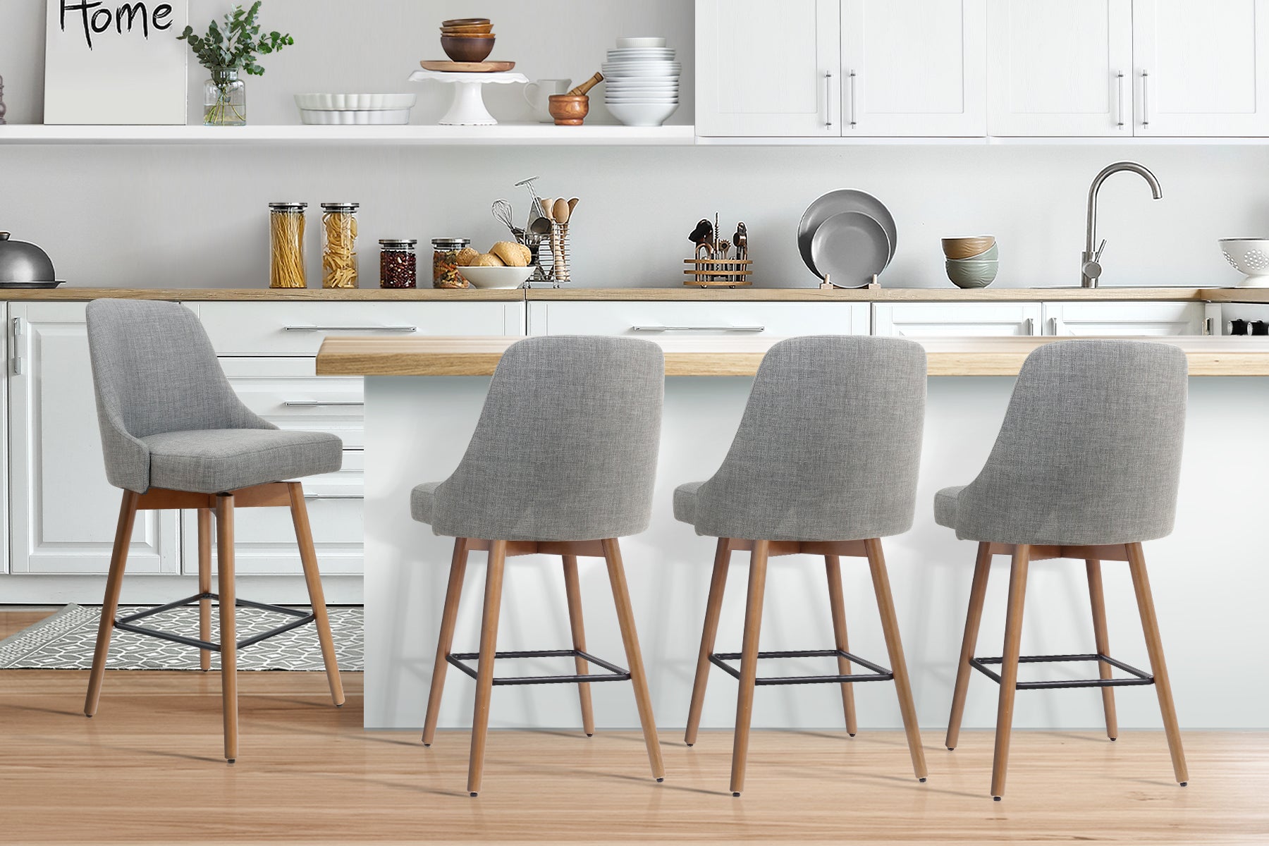 4x Bar Stools Swivel Seat Wooden Grey