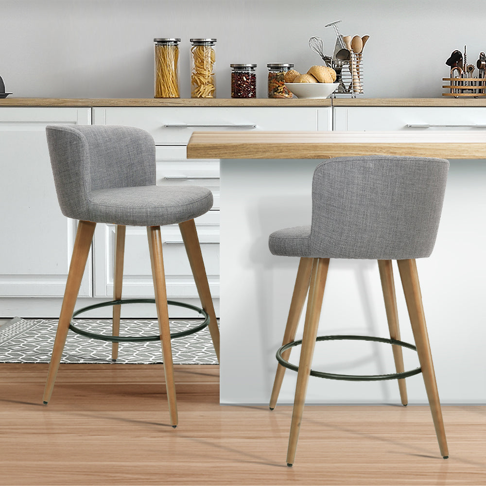 Artiss 2x Bar Stools Linen Padded Wooden Grey