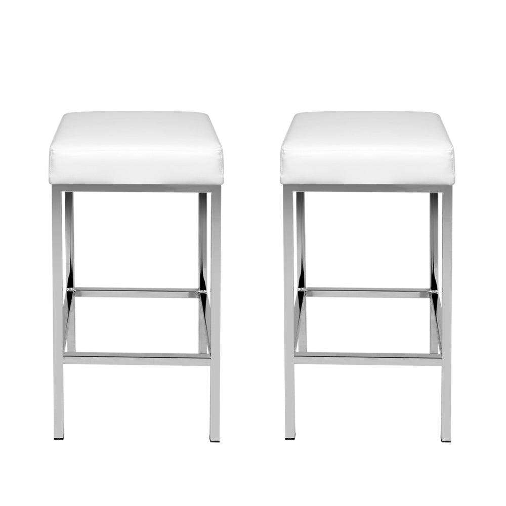 2x Bar Stools Leather Padded Metal White