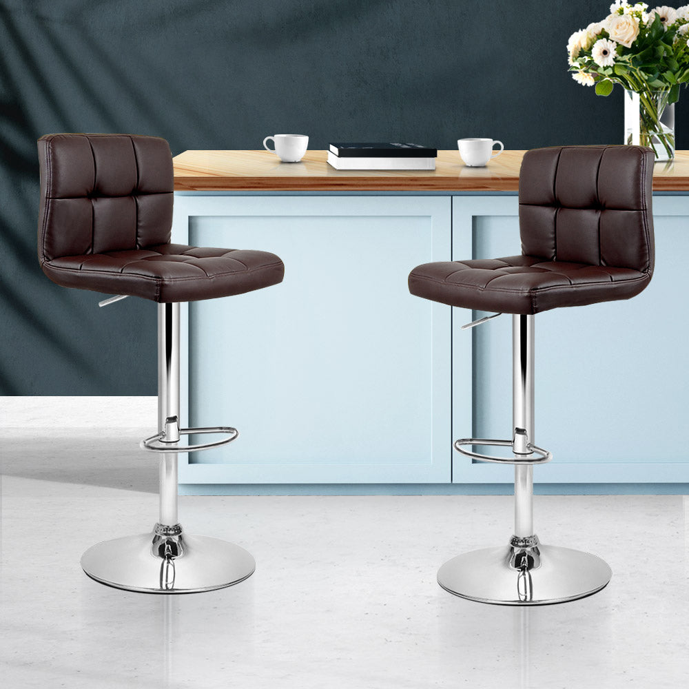 2x Bar Stools Leather Gas Lift Brown