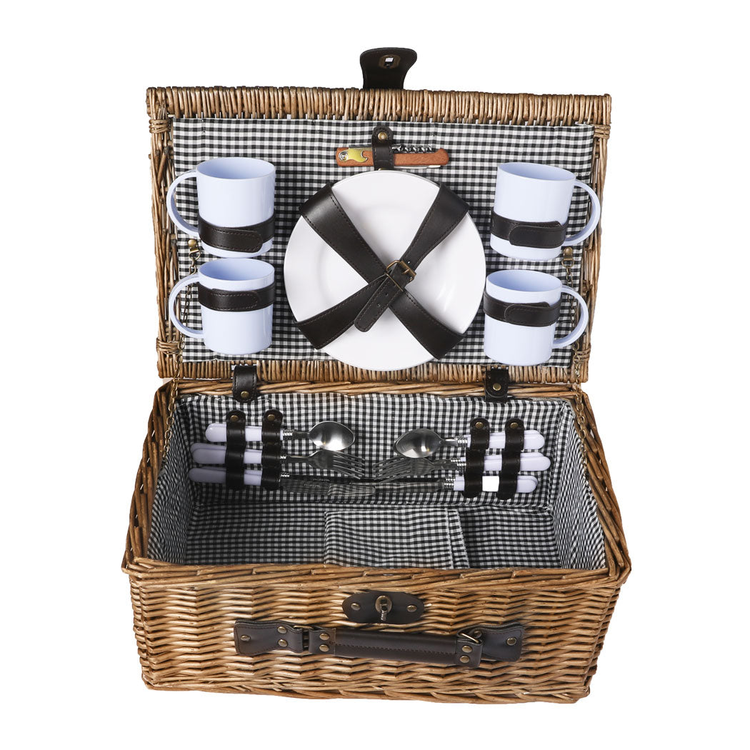 Picnic Basket Set 4 Person Willow Baskets Deluxe Outdoor Travel Camping Travel