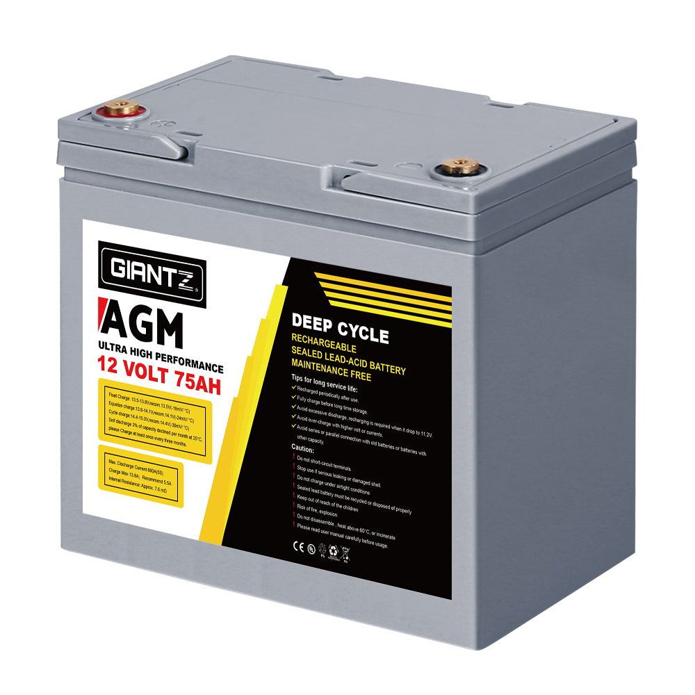 AGM Deep Cycle Battery 12V 75Ah Box Portable Solar Caravan Camping