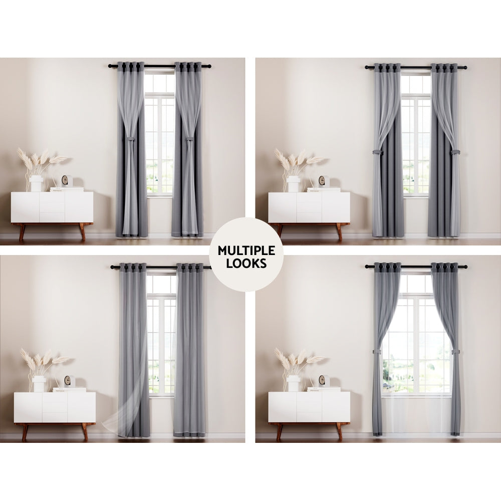 2X 132x213cm Blockout Sheer Curtains Charcoal