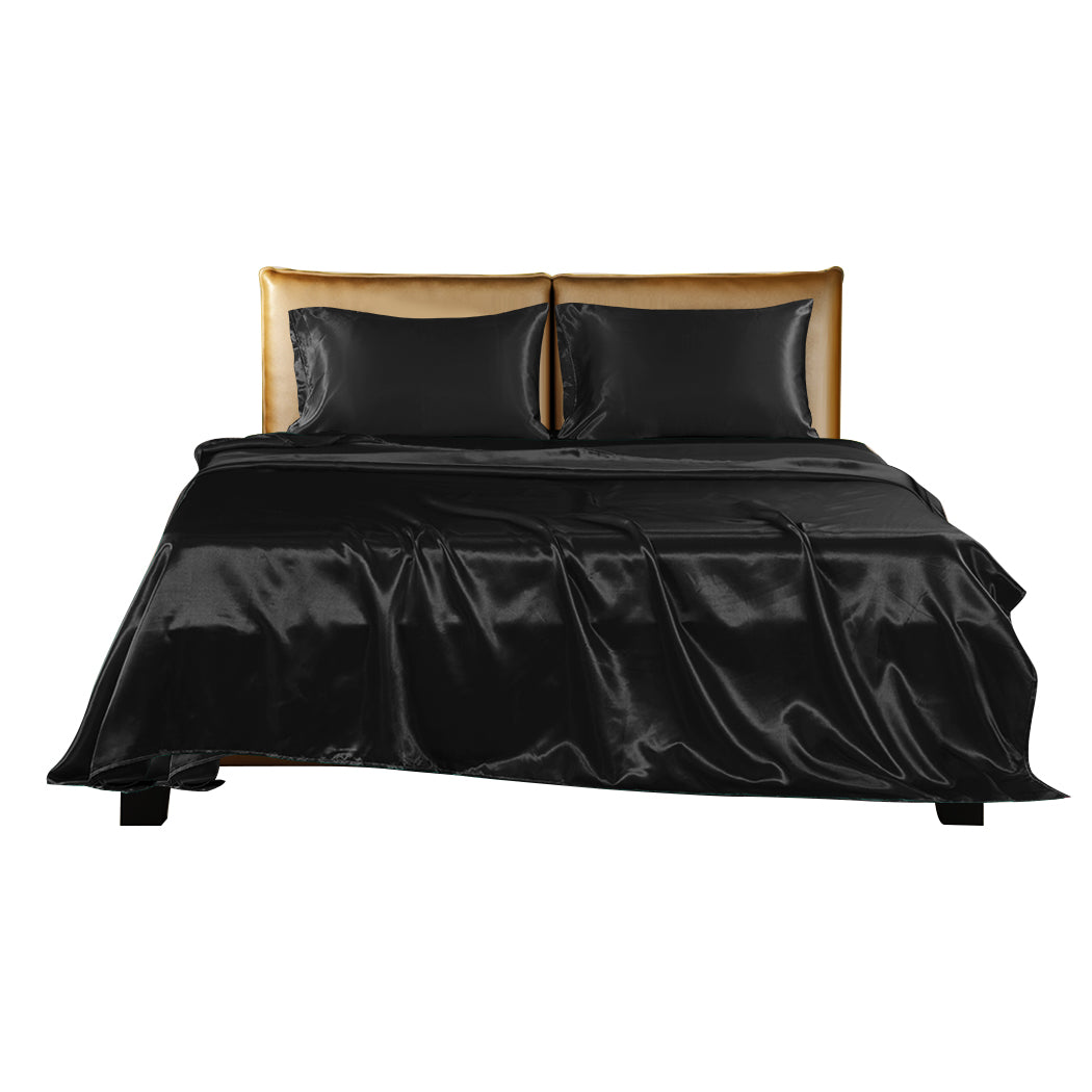 Silky Satin Sheets Fitted Flat Bed Sheet Pillowcases Summer Queen Black