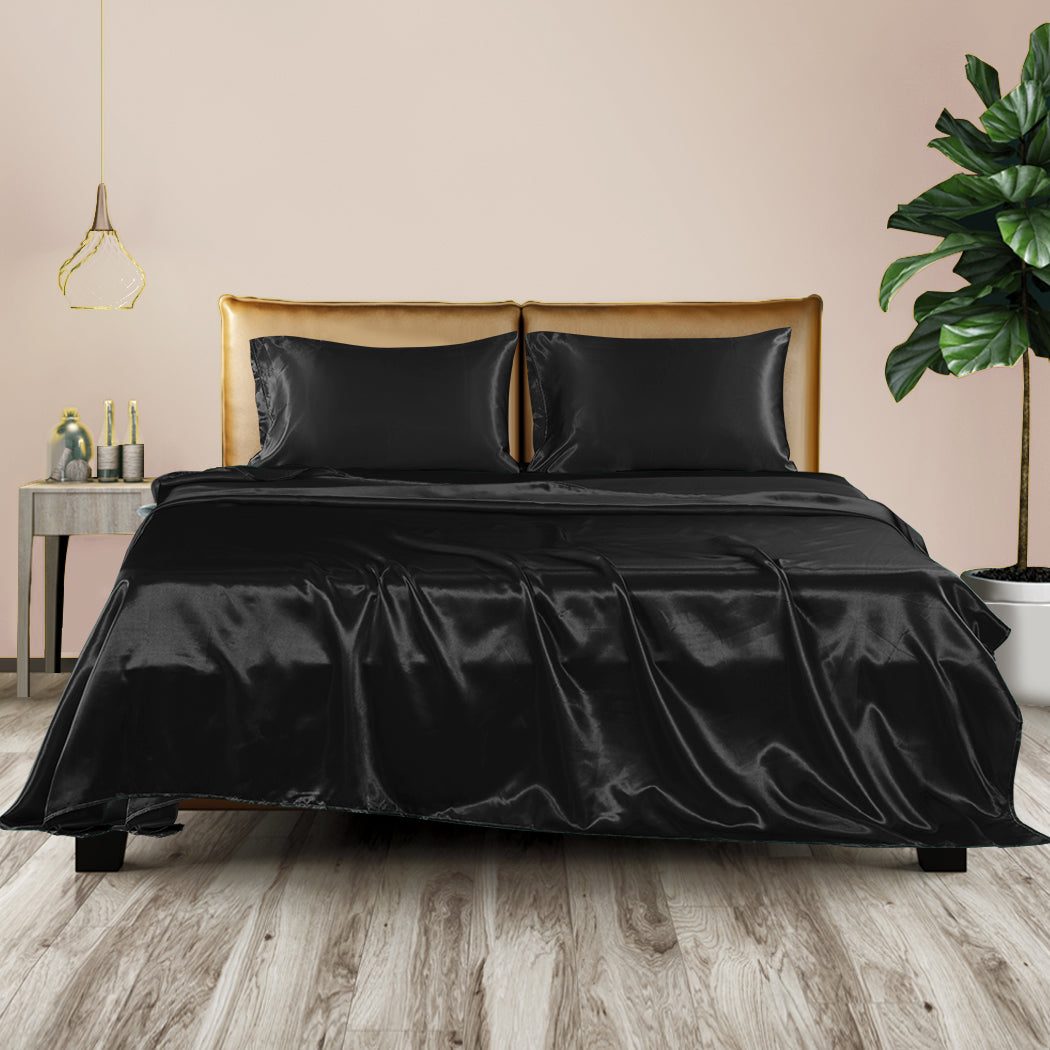 Silky Satin Sheets Fitted Flat Bed Sheet Pillowcases Summer Queen Black