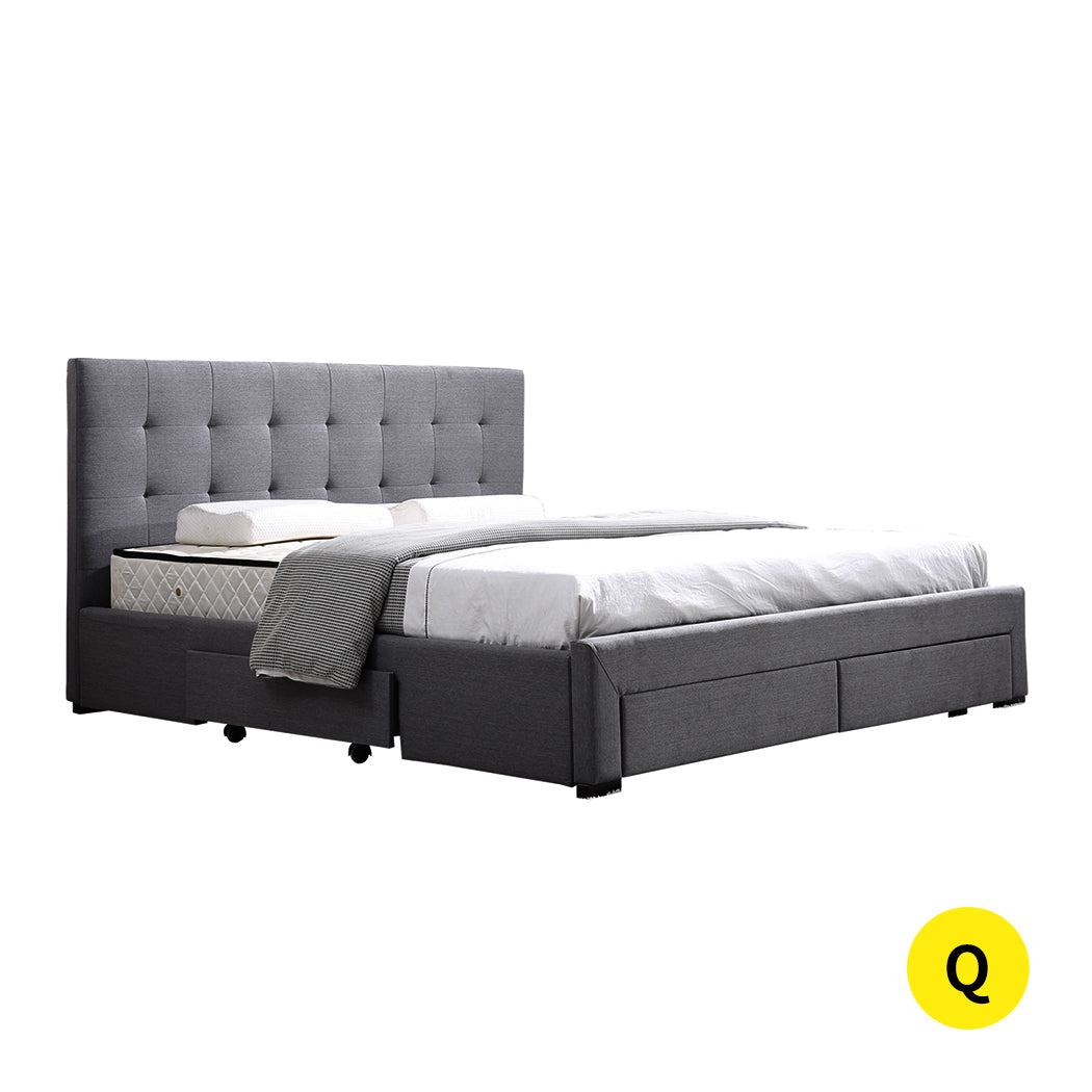 Bed Frame Base With Storage Drawer Mattress Wooden Fabric Queen Dark Grey