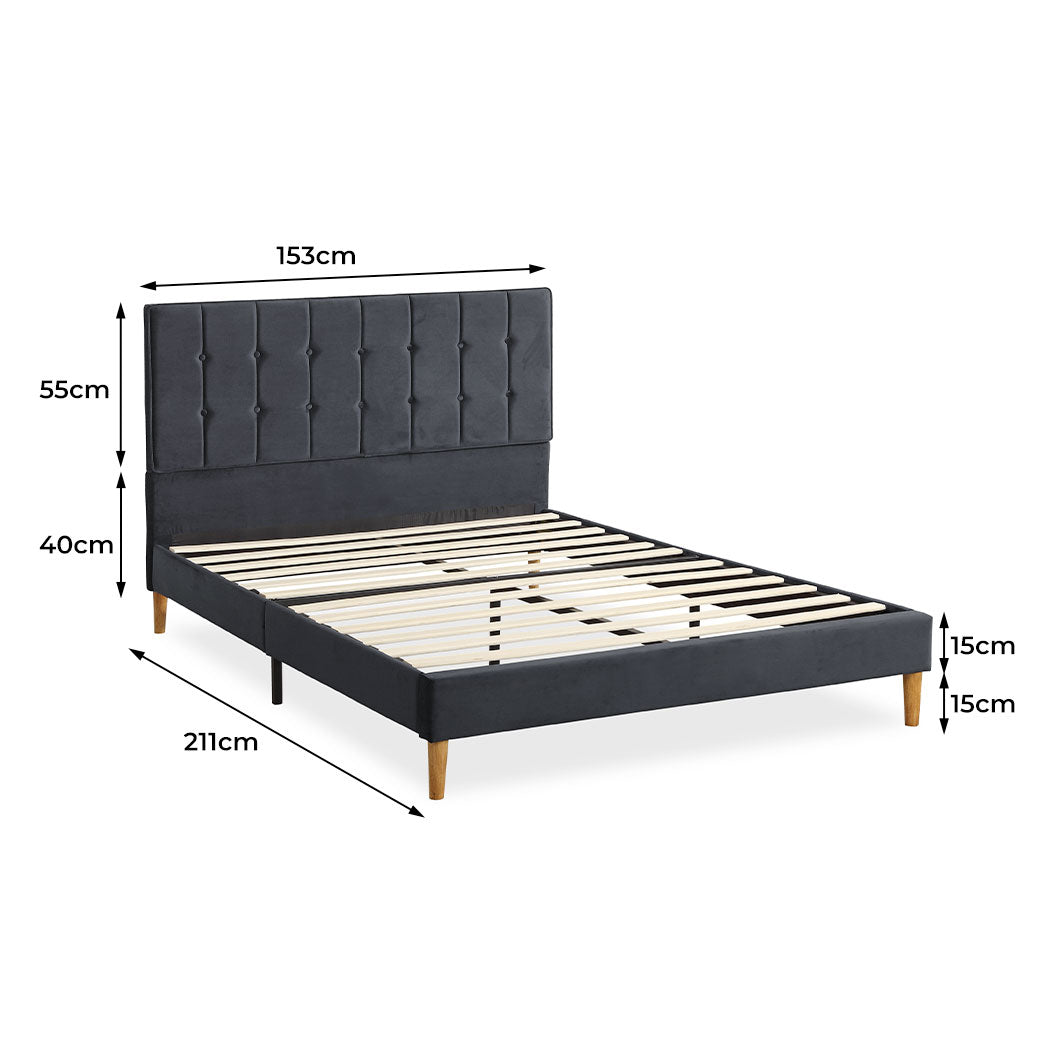 Bed Frame Queen Size Mattress Base Platform Wooden Velevt Headboard Grey