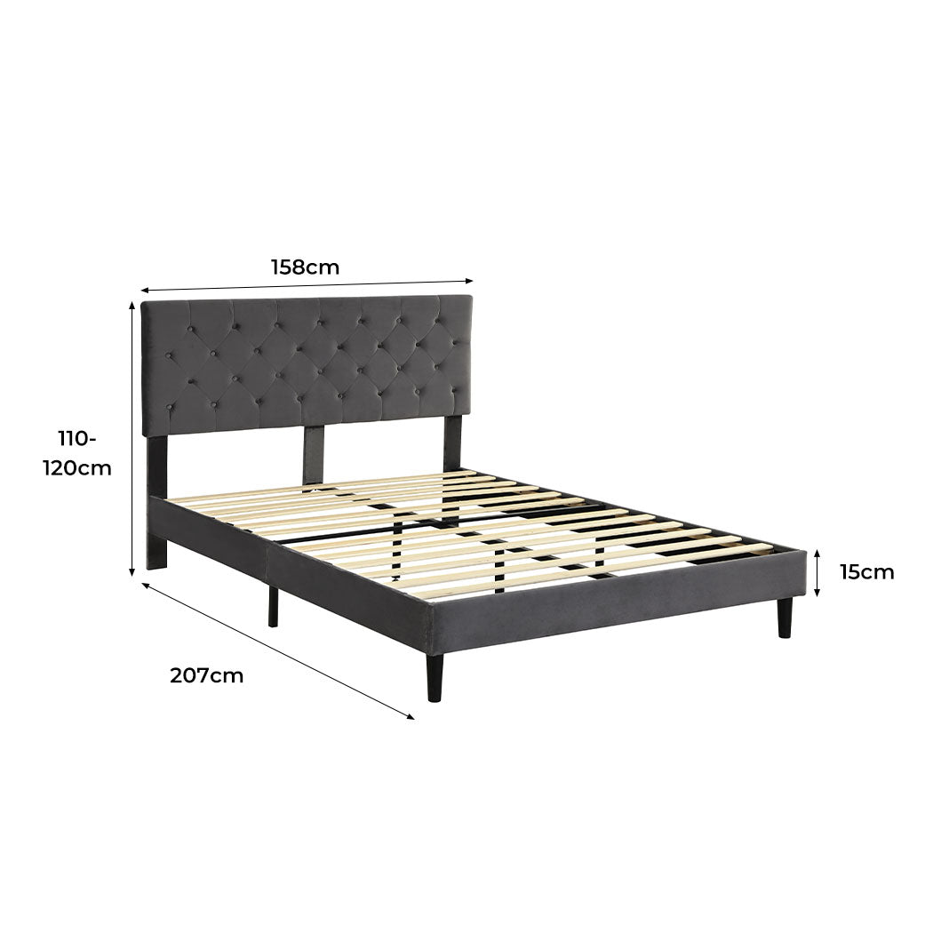 Bed Frame Queen Size Mattress Base Platform Wooden Velevt Headboard Grey