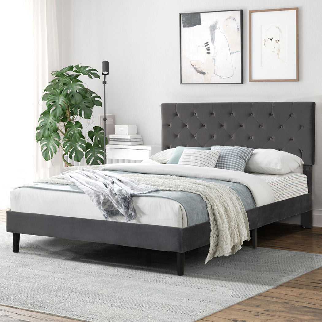 Bed Frame Queen Size Mattress Base Platform Wooden Velevt Headboard Grey