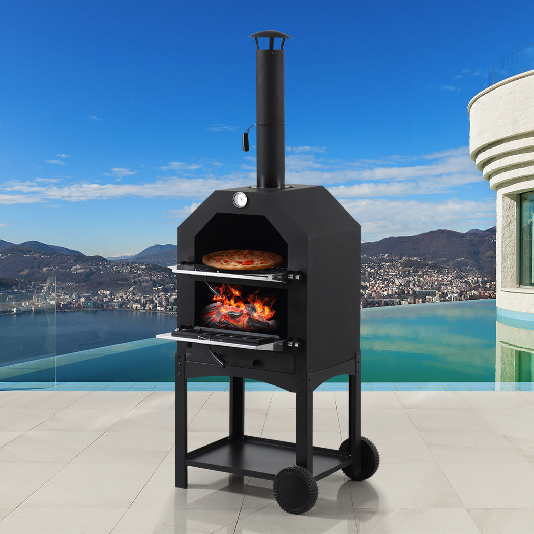 3in1 Charcoal BBQ Grill Steel Pizza Oven Smoker Outdoor Portable Barbecue Camp