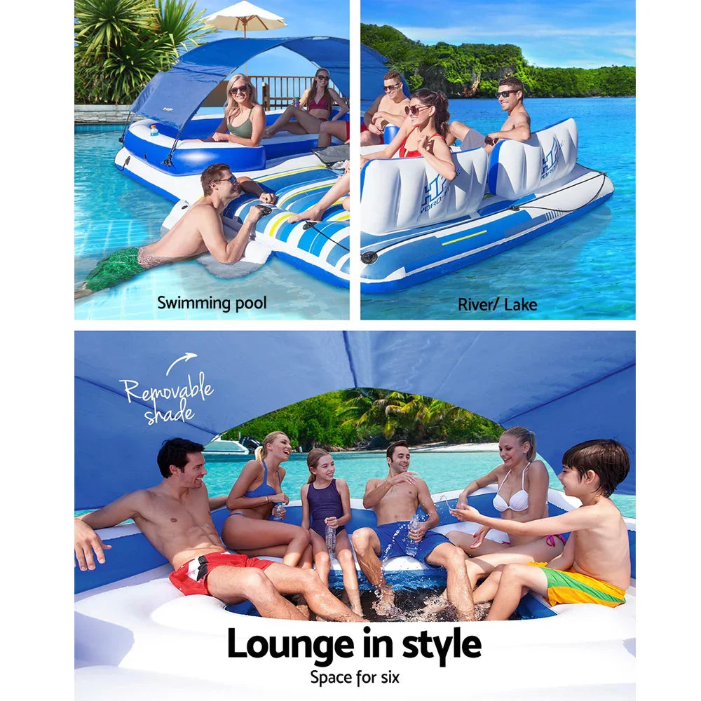 6 Person Inflatable Floating Island Pool Lounge with Canopy Cooler