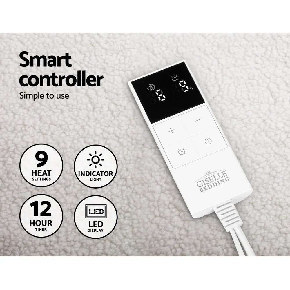 Electric Blanket Fleece Single Fitted 9 Heat Settings Timer Washable