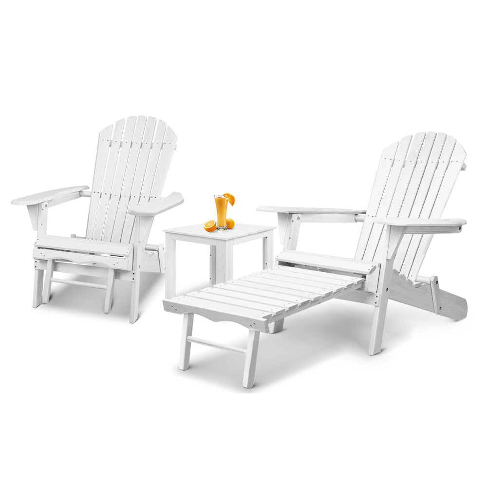 Gardeon 3PC Adirondack Outdoor Table and Chairs Wooden Sun Lounge Beach Patio White