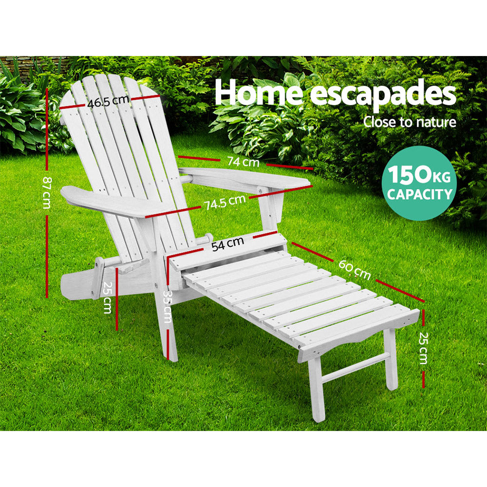 3PC Adirondack Outdoor Table and Chairs Wooden Sun Lounge Beach Patio White