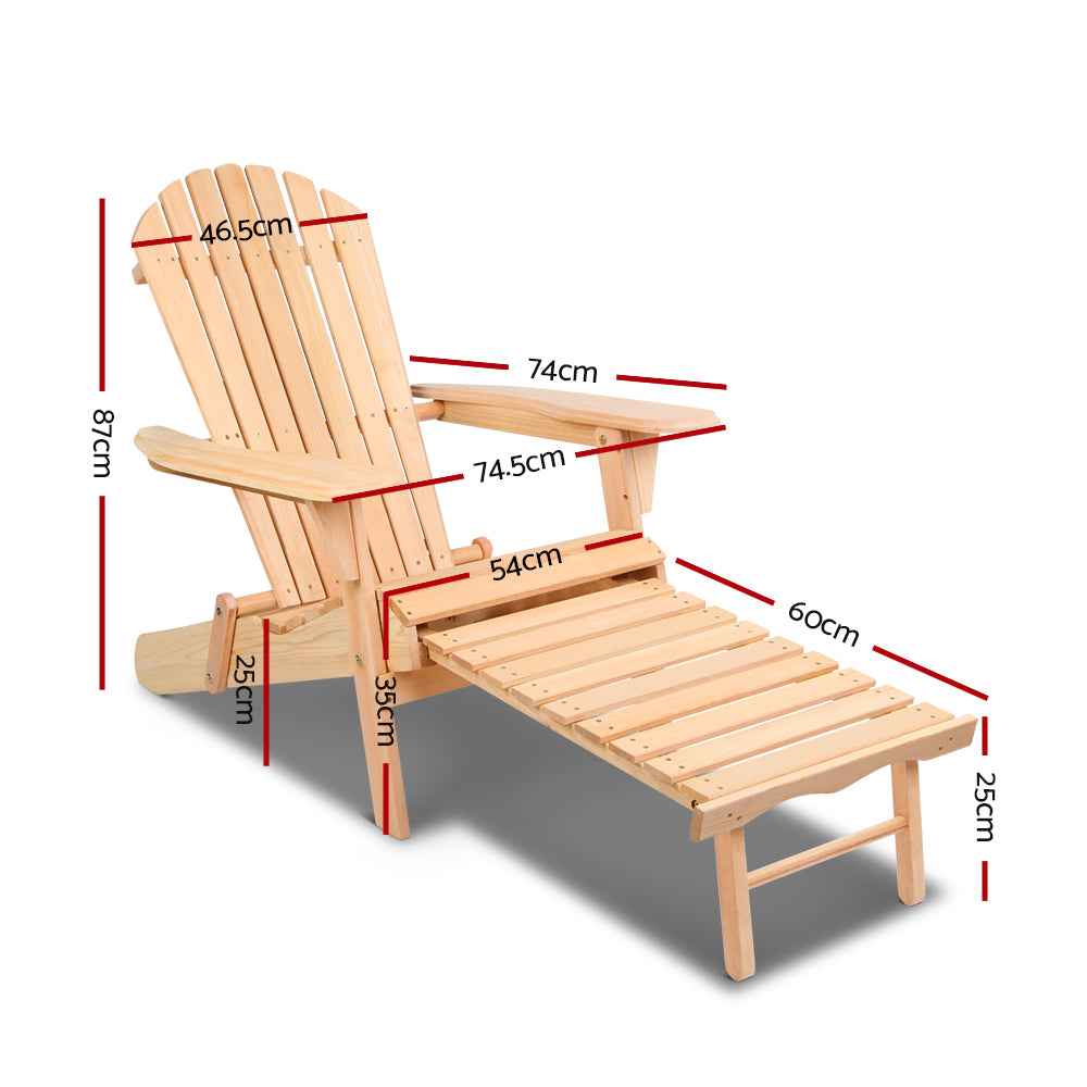 2PC Adirondack Outdoor Chairs Wooden Sun Lounge Patio Furniture Garden Natural