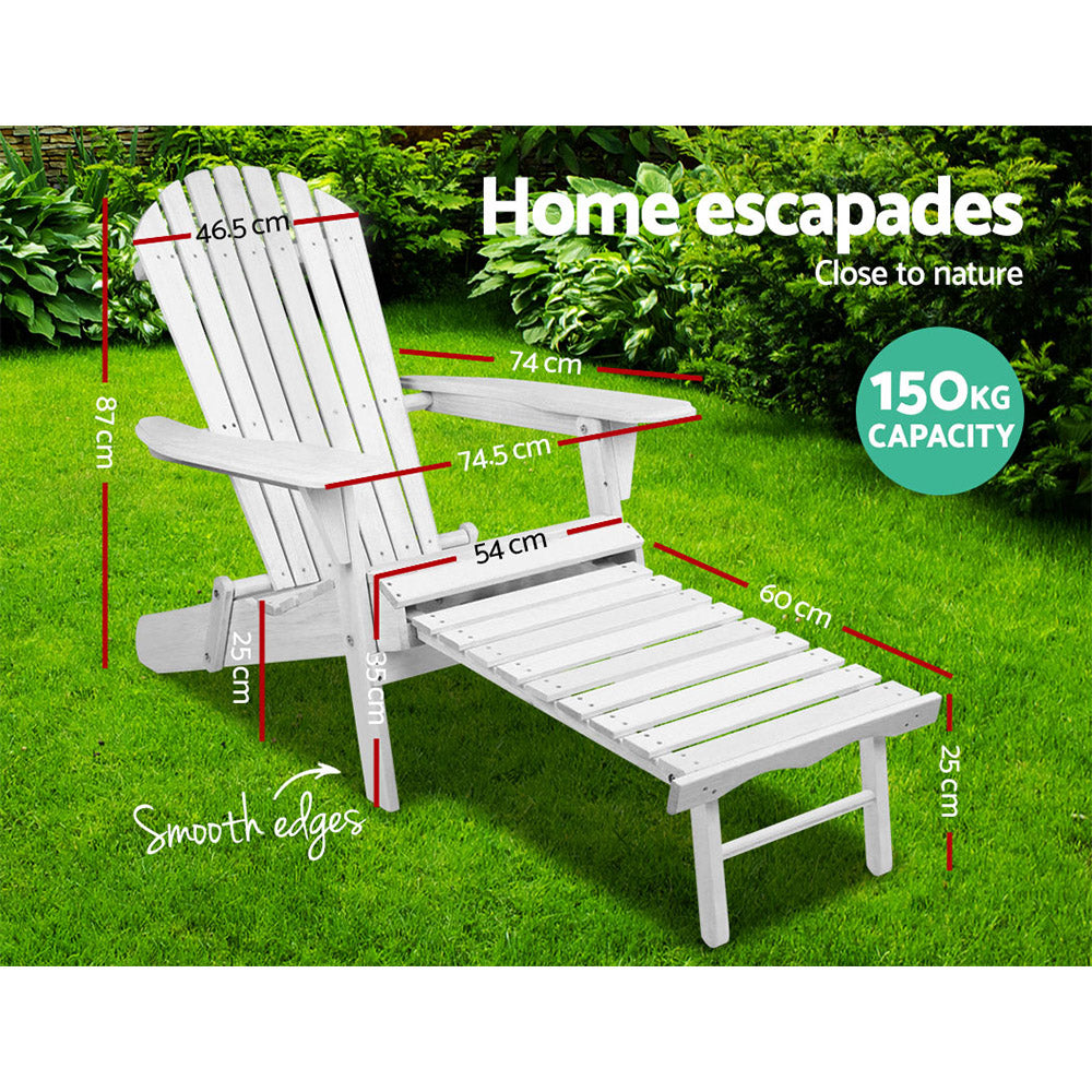 Gardeon Sun Lounge Outdoor Chairs Wooden Foldable Patio Furniture Adirondack White