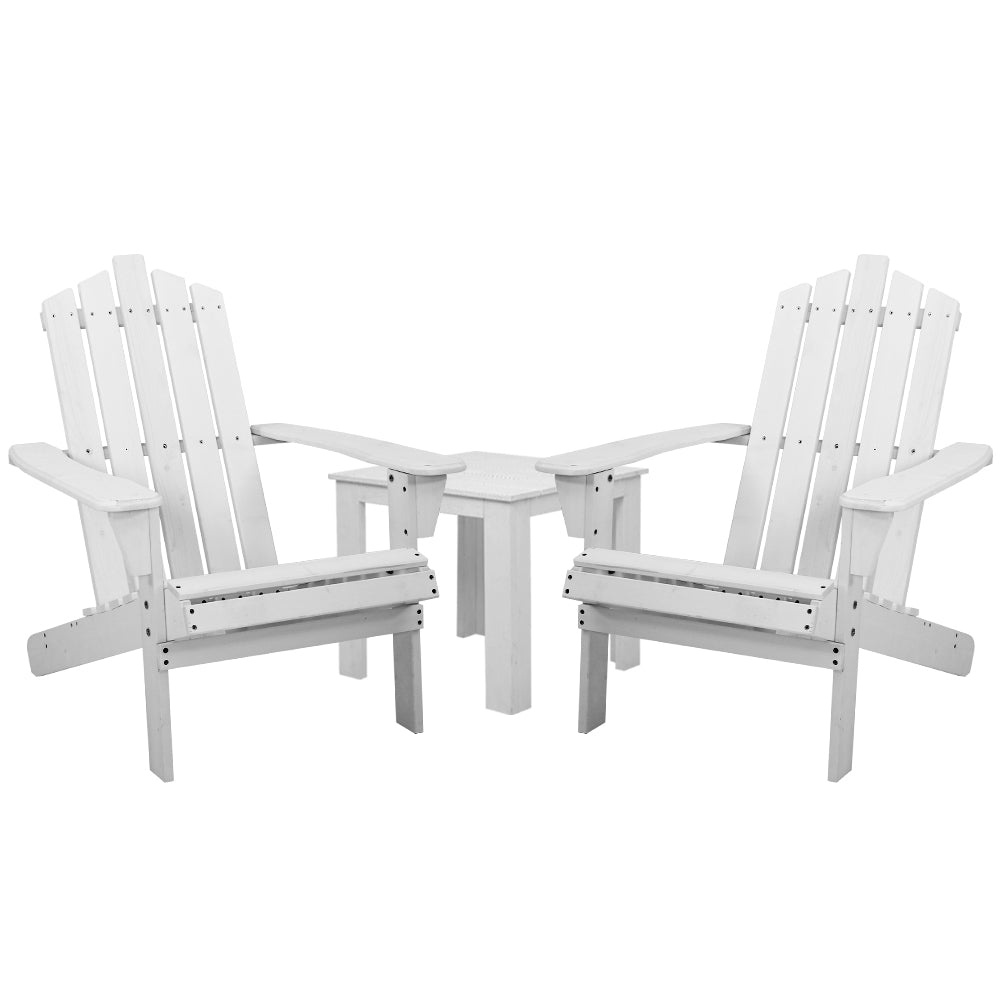 3PC Adirondack Outdoor Table and Chairs Wooden Beach Chair White