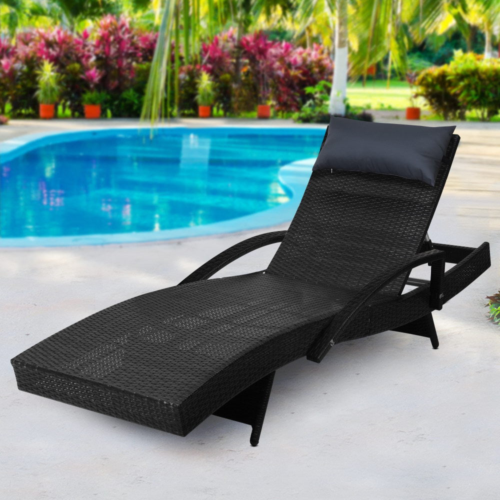 Sun Lounge Wicker Lounger Outdoor Furniture Beach Chair Armrest Adjustable Black