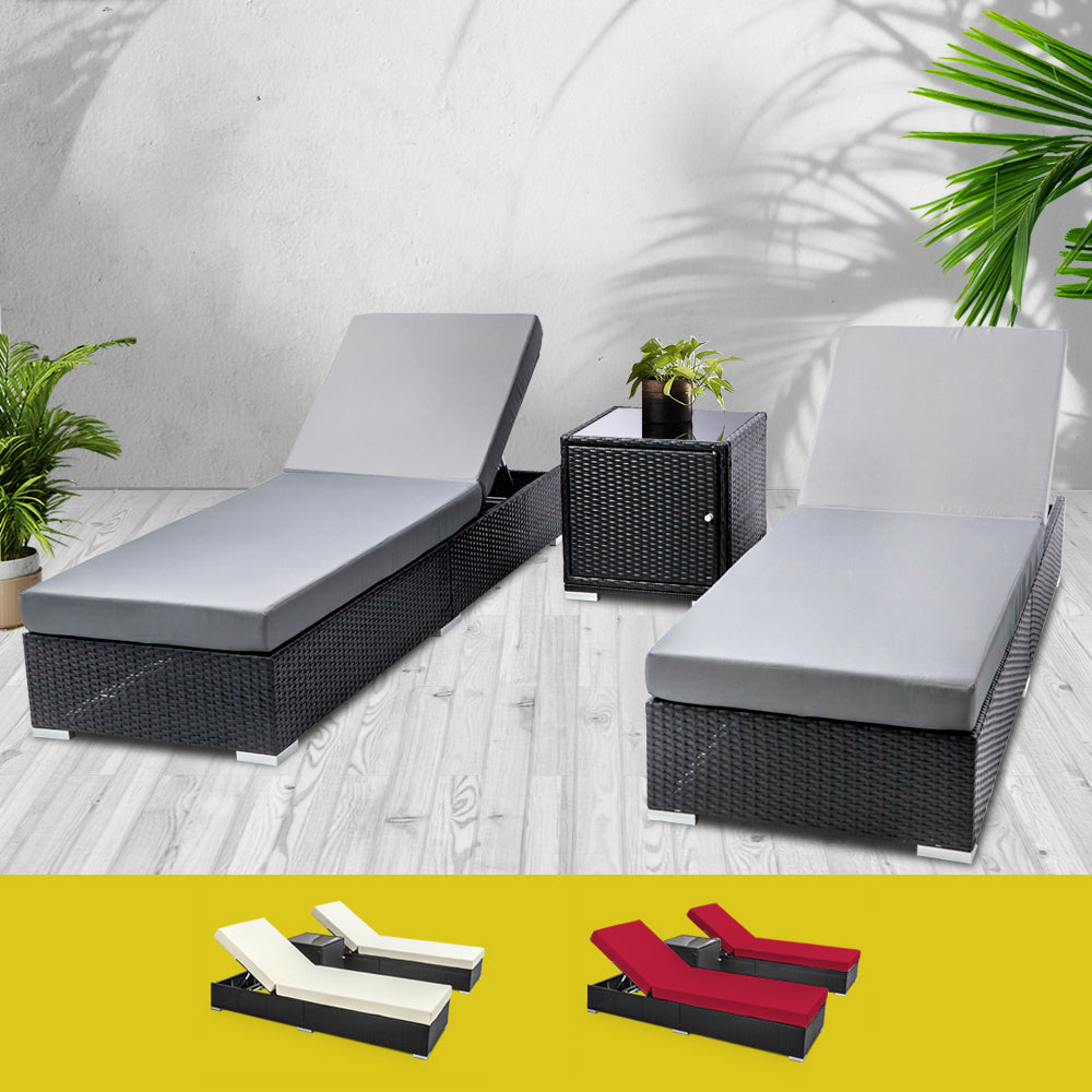 3PC Sun Lounge Wicker Lounger Outdoor Furniture Day Bed Rattan Garden