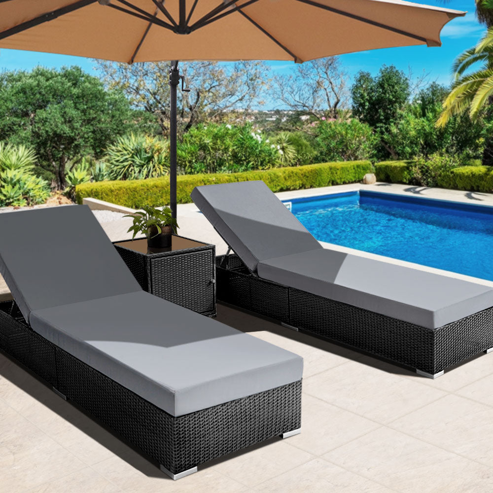 3PC Sun Lounge Wicker Lounger Outdoor Furniture Day Bed Rattan Garden