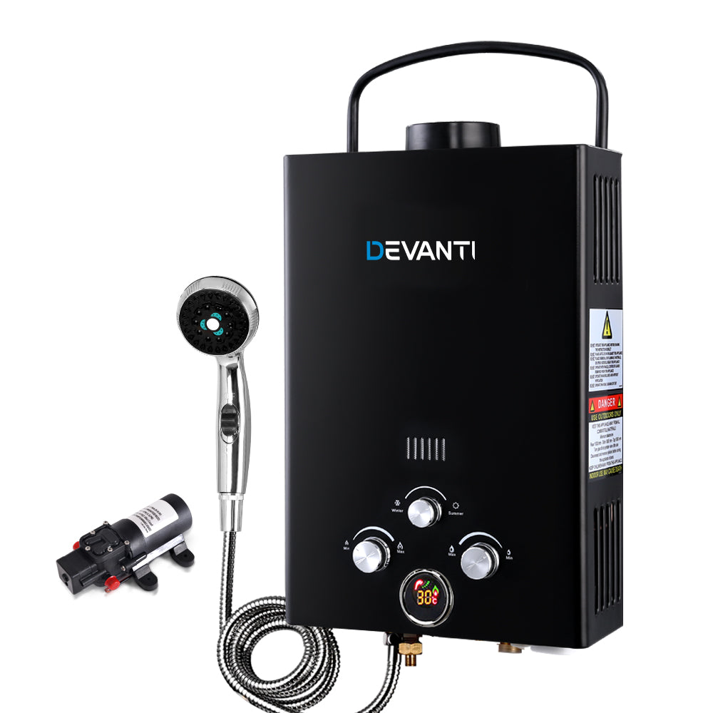 Devanti Portable Gas Water Heater 8L/Min With Pump LPG System Black