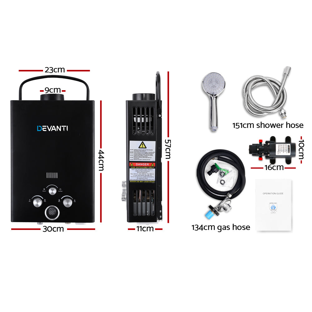 Devanti Portable Gas Water Heater 8L/Min With Pump LPG System Black