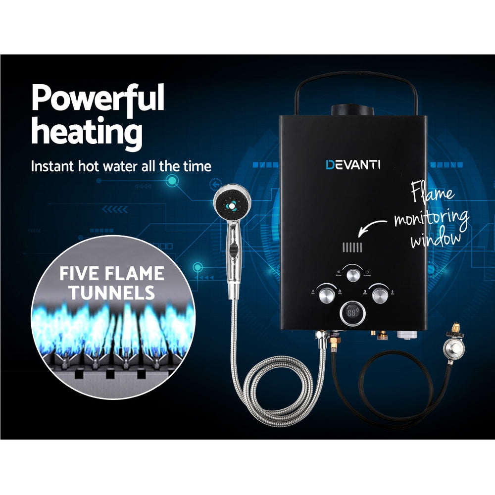 Devanti Portable Gas Water Heater 8L/Min With Pump LPG System Black