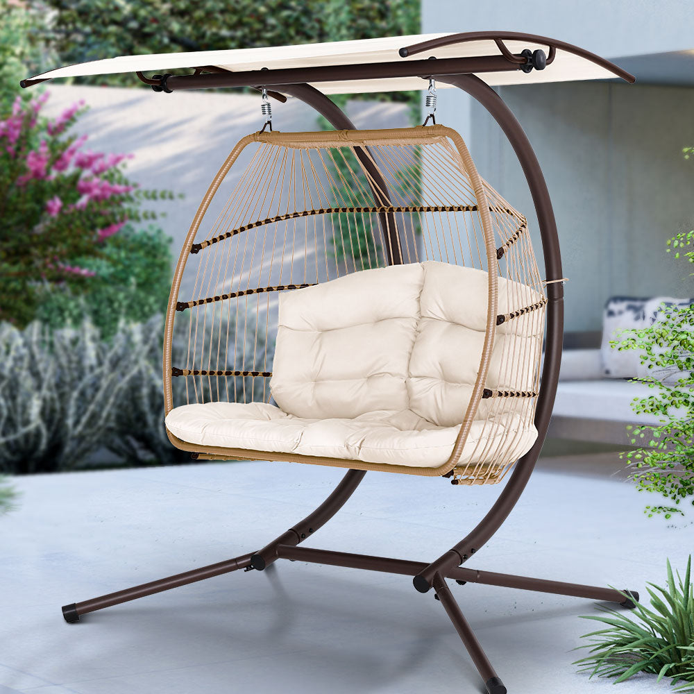 Outdoor Egg Swing Chair Wicker Furniture Pod Stand Canopy 2 Seater Latte