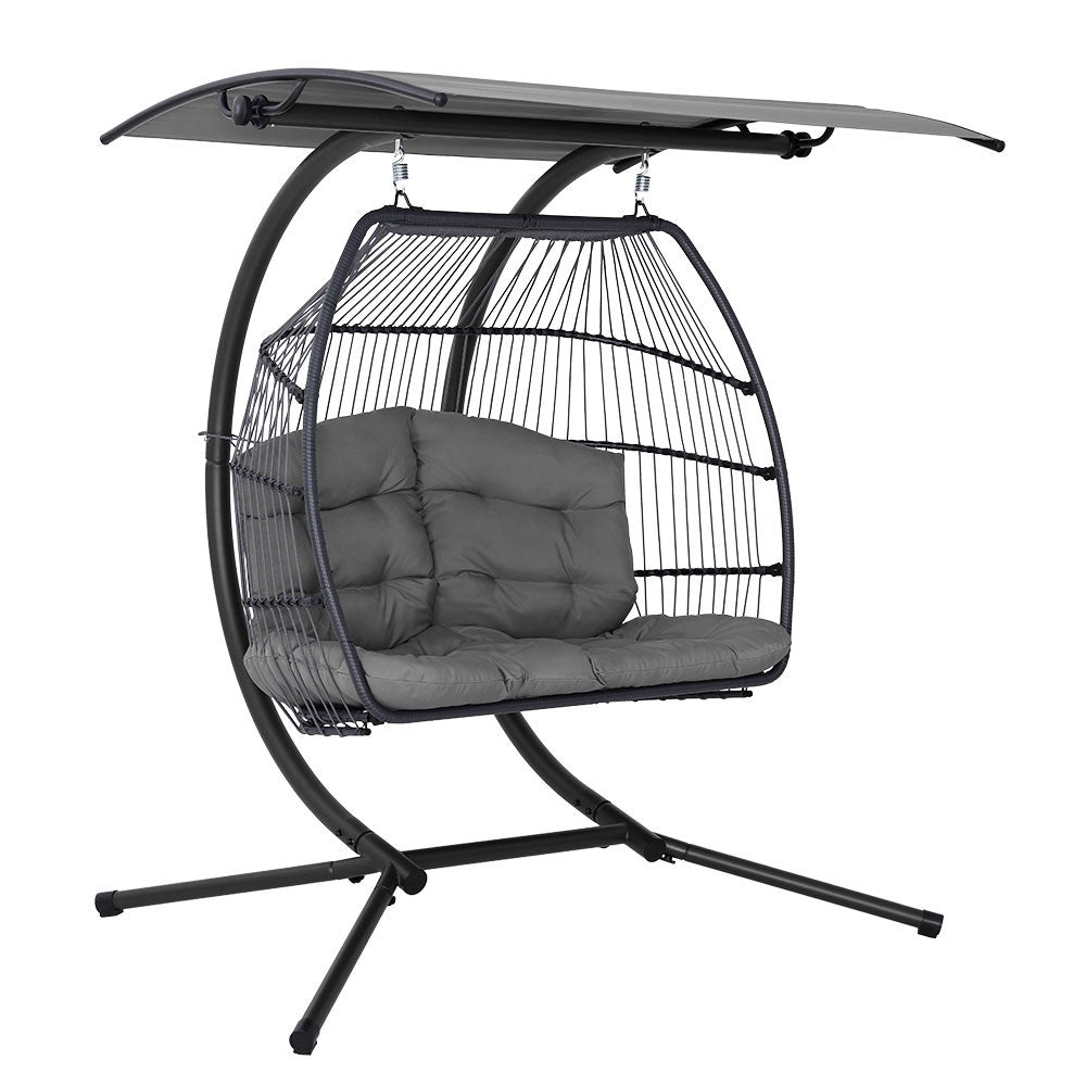 Outdoor Egg Swing Chair Wicker Furniture Pod Stand Canopy 2 Seater Grey