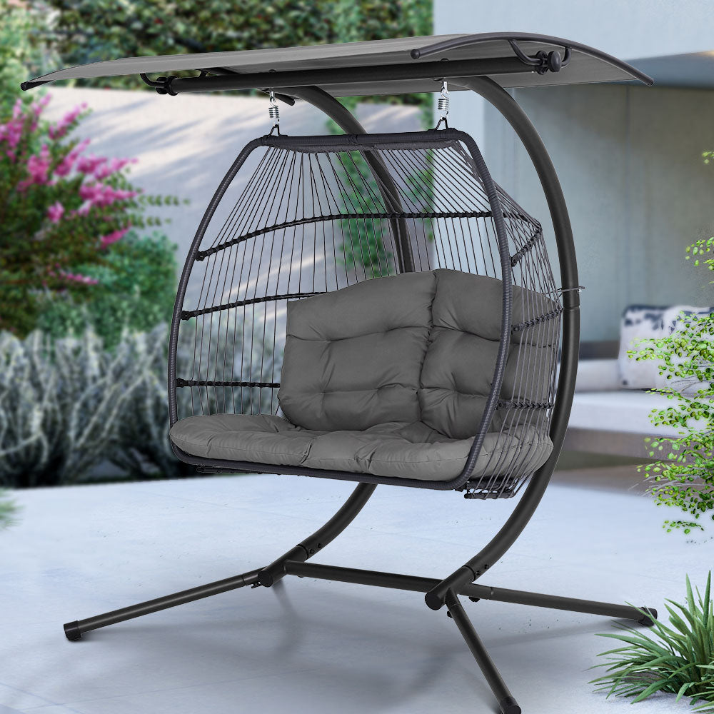 Outdoor Egg Swing Chair Wicker Furniture Pod Stand Canopy 2 Seater Grey