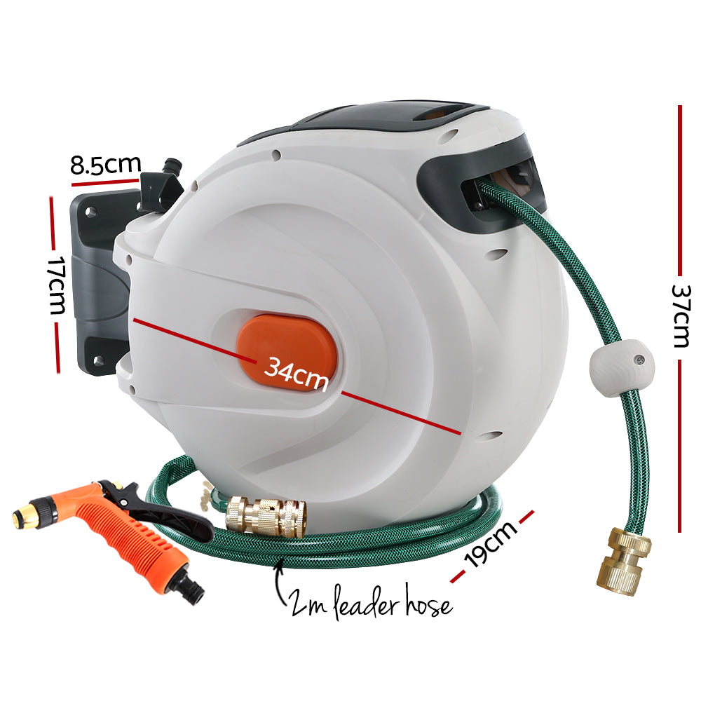 Water Hose Reel 20M Retractable Garden Brass Spray Gun Auto Rewind