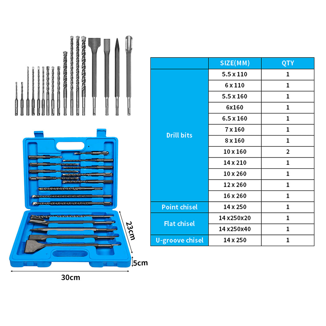 Drill Bits Set Chisel SDS Plus Rotary Hammer Masonry Concrete 17PCS