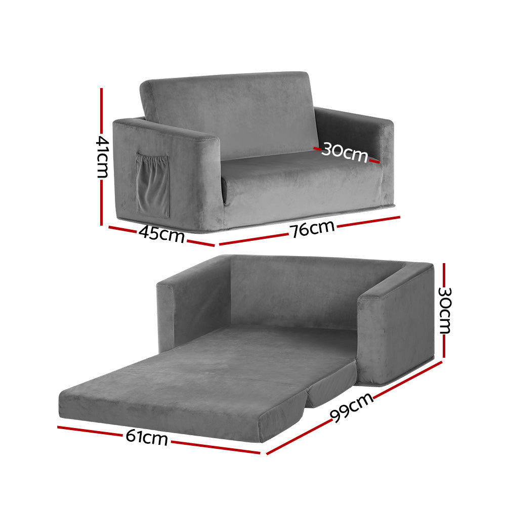 Kids Sofa 2 Seater Children Flip Open Couch Velvet Armchair Grey