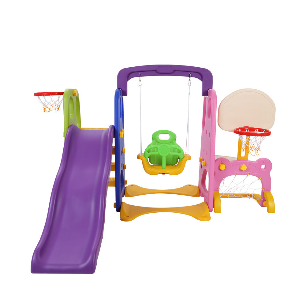 Kids Slide Swing Set Basketball Hoop Study Table Outdoor Toys 140cm Purple