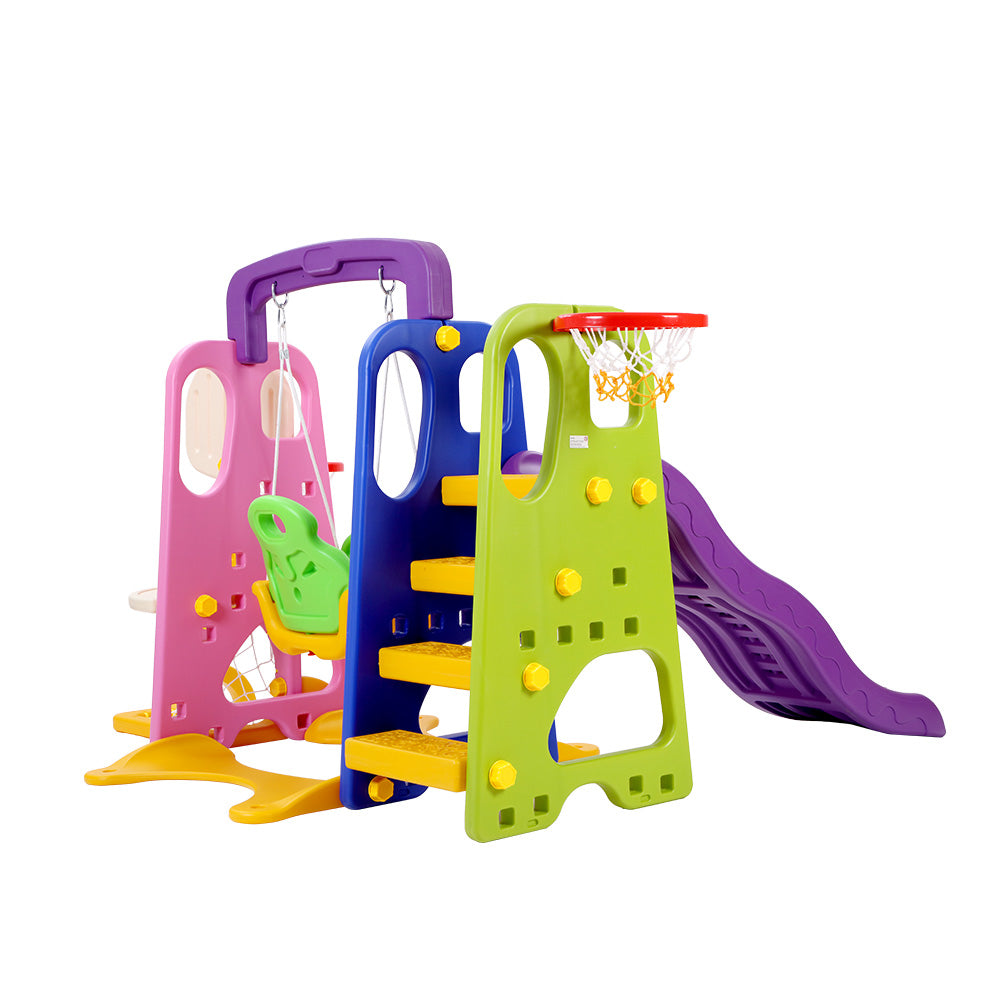 Kids Slide Swing Set Basketball Hoop Study Table Outdoor Toys 140cm Purple
