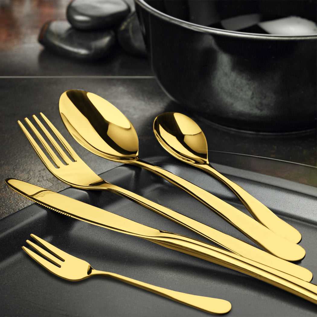 Stainless Steel Cutlery Set Travel Knife Fork Spoon Glossy Gold Tableware 30PCS